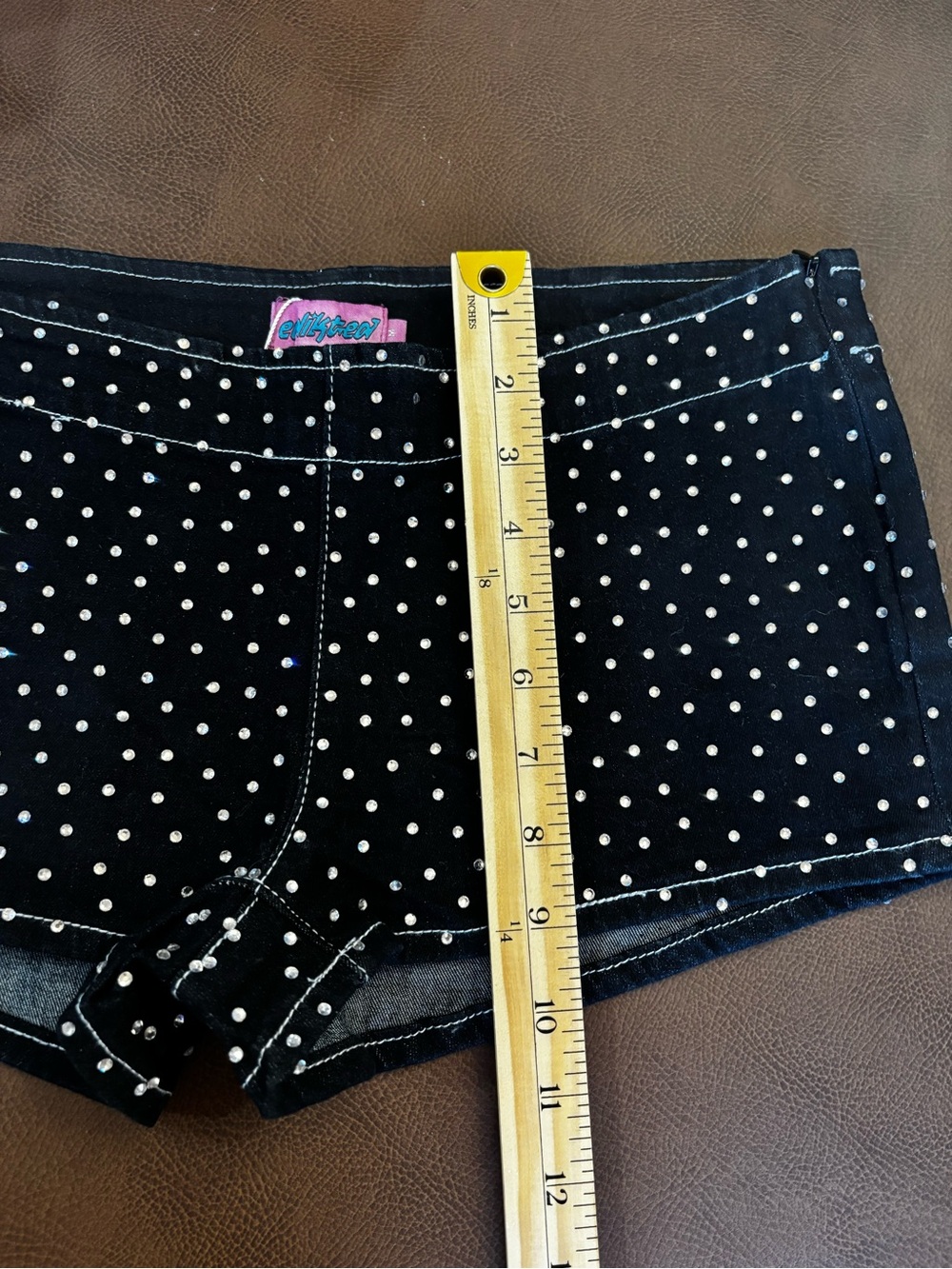 Edikted Moirah Rhinestone Denim Micro Shorts - Picture 10 of 11